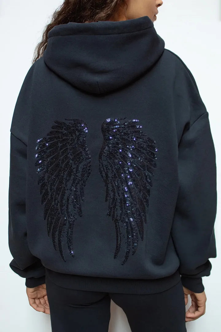 Women's Grey Sequined Angel Wings Cropped Hoodie and Sweatpants Set - Stylish and Casual