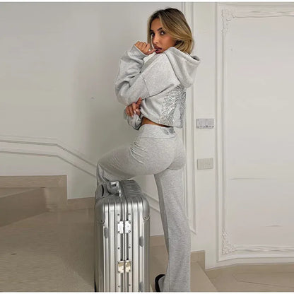 Women's Grey Sequined Angel Wings Cropped Hoodie and Sweatpants Set - Stylish and Casual