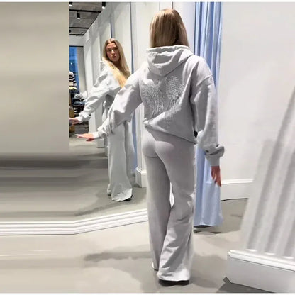 Women's Grey Sequined Angel Wings Cropped Hoodie and Sweatpants Set - Stylish and Casual