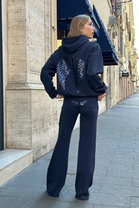 Women's Grey Sequined Angel Wings Cropped Hoodie and Sweatpants Set - Stylish and Casual